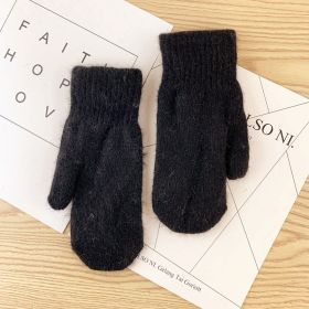 Double-layer rabbit hair gloves female winter Korean version of solid color all fingers winter women gloves girls mittens (Color: Black)