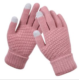 Double-layer rabbit hair gloves female winter Korean version of solid color all fingers winter women gloves girls mittens (Color: N357-Pink)