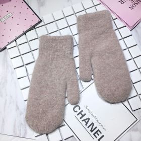 Double-layer rabbit hair gloves female winter Korean version of solid color all fingers winter women gloves girls mittens (Color: Khaki)