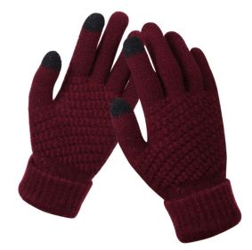 Double-layer rabbit hair gloves female winter Korean version of solid color all fingers winter women gloves girls mittens (Color: N357-Wine Red)