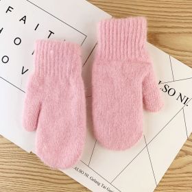 Double-layer rabbit hair gloves female winter Korean version of solid color all fingers winter women gloves girls mittens (Color: Pink)