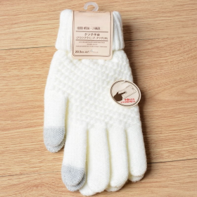 Double-layer rabbit hair gloves female winter Korean version of solid color all fingers winter women gloves girls mittens (Color: N357-White)