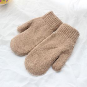 Double-layer rabbit hair gloves female winter Korean version of solid color all fingers winter women gloves girls mittens (Color: Khaki2)