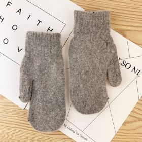 Double-layer rabbit hair gloves female winter Korean version of solid color all fingers winter women gloves girls mittens (Color: dark gray)