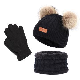 Kids Winter Beanie Hat Scarf Gloves Set Knit Warm (Color: Black)