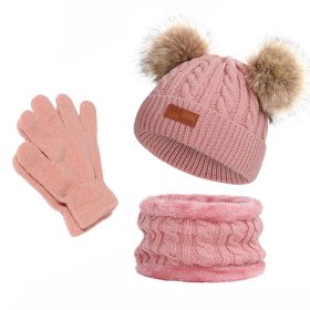 Kids Winter Beanie Hat Scarf Gloves Set Knit Warm (Color: Pink)