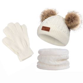 Kids Winter Beanie Hat Scarf Gloves Set Knit Warm (Color: White)