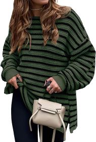 2023 Fall Winter Women's Oversized Long Sleeve Striped Sweater Casual Crewneck Side Split Pullover Knit Tops (Color: Dark Army Green, size: medium)