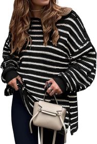 2023 Fall Winter Women's Oversized Long Sleeve Striped Sweater Casual Crewneck Side Split Pullover Knit Tops (Color: Black, size: small)