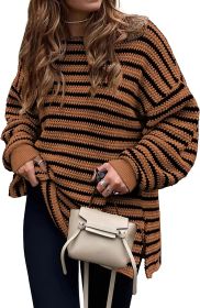 2023 Fall Winter Women's Oversized Long Sleeve Striped Sweater Casual Crewneck Side Split Pullover Knit Tops (Color: Brown, size: large)