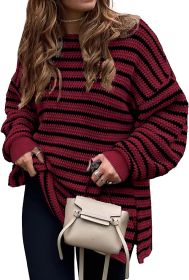 2023 Fall Winter Women's Oversized Long Sleeve Striped Sweater Casual Crewneck Side Split Pullover Knit Tops (Color: wine red, size: small)