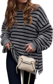 2023 Fall Winter Women's Oversized Long Sleeve Striped Sweater Casual Crewneck Side Split Pullover Knit Tops (Color: Grey, size: small)