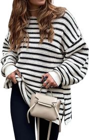 2023 Fall Winter Women's Oversized Long Sleeve Striped Sweater Casual Crewneck Side Split Pullover Knit Tops (Color: Beige White, size: large)