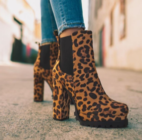 New women's round head leopard print autumn and winter thick heel low boots sleeve Martin boots women (Color: Leopard print, size: 36)