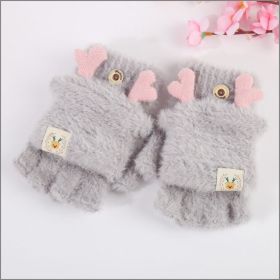 Bear Embroidery Soft Plush Gloves Women Winter Warm Thicken Fingerless Mittens Girls Students Outdoor Warmer Gifts Hand Guards (Color: C gray, Gloves Size: One size)