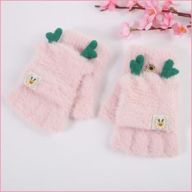 Bear Embroidery Soft Plush Gloves Women Winter Warm Thicken Fingerless Mittens Girls Students Outdoor Warmer Gifts Hand Guards (Color: C pink, Gloves Size: One size)