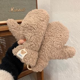 Bear Embroidery Soft Plush Gloves Women Winter Warm Thicken Fingerless Mittens Girls Students Outdoor Warmer Gifts Hand Guards (Color: BA, Gloves Size: One size)