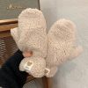 Bear Embroidery Soft Plush Gloves Women Winter Warm Thicken Fingerless Mittens Girls Students Outdoor Warmer Gifts Hand Guards