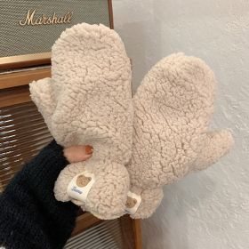 Bear Embroidery Soft Plush Gloves Women Winter Warm Thicken Fingerless Mittens Girls Students Outdoor Warmer Gifts Hand Guards (Color: BC, Gloves Size: One size)