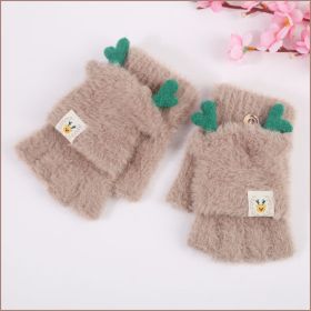 Bear Embroidery Soft Plush Gloves Women Winter Warm Thicken Fingerless Mittens Girls Students Outdoor Warmer Gifts Hand Guards (Color: C khaki, Gloves Size: One size)