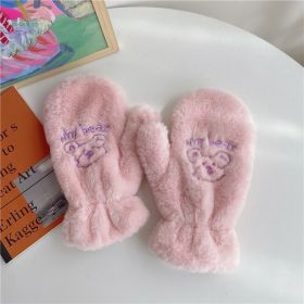 Bear Embroidery Soft Plush Gloves Women Winter Warm Thicken Fingerless Mittens Girls Students Outdoor Warmer Gifts Hand Guards (Color: A pink, Gloves Size: One size)