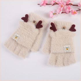 Bear Embroidery Soft Plush Gloves Women Winter Warm Thicken Fingerless Mittens Girls Students Outdoor Warmer Gifts Hand Guards (Color: C beige, Gloves Size: One size)