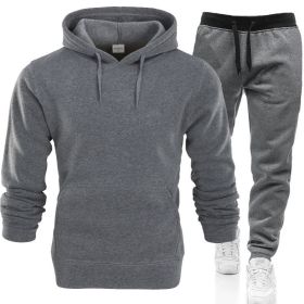 Autumn and winter men's pullover plush hoodie sweater suit solid casual sports suit (Color: Drak gray, size: 3XL)