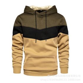 New men's fleece sweater splicing Hoodie autumn winter leisure sports sweater Plush casual coat (Color: Khaki, size: 2XL)