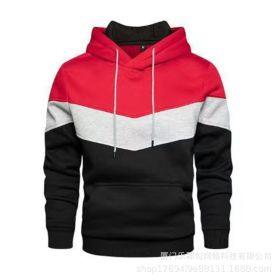 New men's fleece sweater splicing Hoodie autumn winter leisure sports sweater Plush casual coat (Color: Red, size: L)