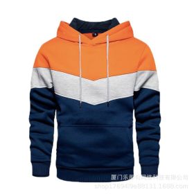 New men's fleece sweater splicing Hoodie autumn winter leisure sports sweater Plush casual coat (Color: Orange, size: M)