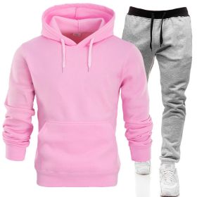 Autumn and winter men's pullover plush hoodie sweater suit solid casual sports suit (Color: Pink, size: M)