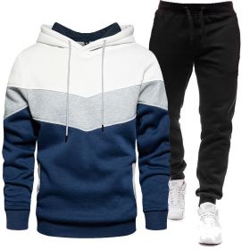 Sports Suit Men's 2022 Autumn Winter Oversize Hooded Sweater Pants Color blocking 2-piece suit Light board (Color: White, size: 2XL)