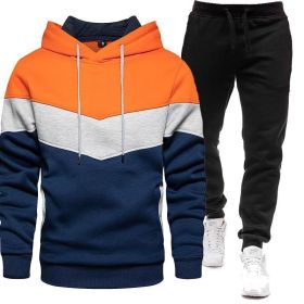 Sports Suit Men's 2022 Autumn Winter Oversize Hooded Sweater Pants Color blocking 2-piece suit Light board (Color: Orange, size: L)