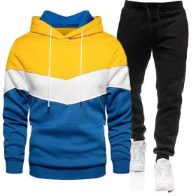 Sports Suit Men's 2022 Autumn Winter Oversize Hooded Sweater Pants Color blocking 2-piece suit Light board (Color: Yellow, size: M)