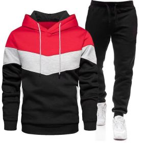 Sports Suit Men's 2022 Autumn Winter Oversize Hooded Sweater Pants Color blocking 2-piece suit Light board (Color: Red, size: M)