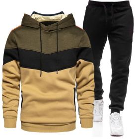 Sports Suit Men's 2022 Autumn Winter Oversize Hooded Sweater Pants Color blocking 2-piece suit Light board (Color: Khaki, size: 2XL)