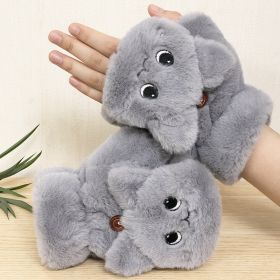 Cute Rabbit Fur Knit Mittens Plush Fingerless Gloves Flip Half Finger Driving Glove Winter Soft Warm Thick Gloves for Women Girl (Color: Grey, Gloves Size: One size)