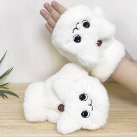 Cute Rabbit Fur Knit Mittens Plush Fingerless Gloves Flip Half Finger Driving Glove Winter Soft Warm Thick Gloves for Women Girl (Color: White, Gloves Size: One size)