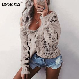 Solid Twist Knitted V-Neck Women's Sweaters 2020 Winter Korea Long Sleeve Loose Casual Pullover Long Sleeve Female Sweater (Color: Khaki, size: S)