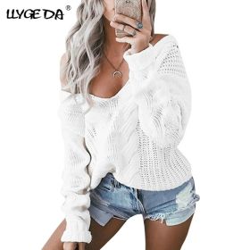 Solid Twist Knitted V-Neck Women's Sweaters 2020 Winter Korea Long Sleeve Loose Casual Pullover Long Sleeve Female Sweater (Color: White, size: M)