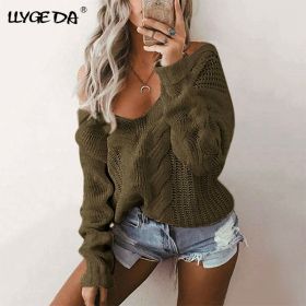 Solid Twist Knitted V-Neck Women's Sweaters 2020 Winter Korea Long Sleeve Loose Casual Pullover Long Sleeve Female Sweater (Color: Army green, size: L)