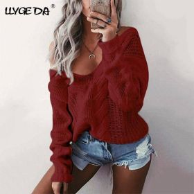 Solid Twist Knitted V-Neck Women's Sweaters 2020 Winter Korea Long Sleeve Loose Casual Pullover Long Sleeve Female Sweater (Color: Burgundy, size: S)