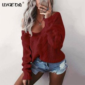 Solid Twist Knitted V-Neck Women's Sweaters 2020 Winter Korea Long Sleeve Loose Casual Pullover Long Sleeve Female Sweater (Color: Burgundy, size: M)