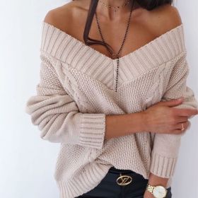 Solid V-neck Women's Sweater Drop Shoulder Long Sleeve knitting Sweaters Woman 2021 Autumn Winter Loose Fashion Pullover (Color: apricot, size: L)