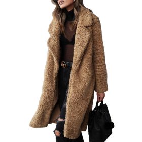 Autumn and Winter Women's Hot Sale Long-sleeved Lapel Women's Plush Jacket Long Coat (Color: Camel, size: XL)