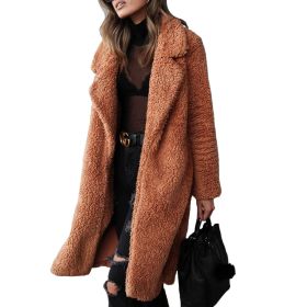 Autumn and Winter Women's Hot Sale Long-sleeved Lapel Women's Plush Jacket Long Coat (Color: Caramel, size: L)