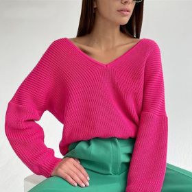 LLYGE DA Solid Casual Women's Sweater Long Sleeve Deep V-Neck Knit Women Sweaters 2021 Autumn Winter Low Price Pullover Top (Color: Rose red, size: M)