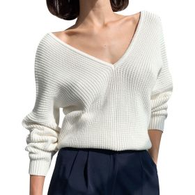 LLYGE DA Solid Casual Women's Sweater Long Sleeve Deep V-Neck Knit Women Sweaters 2021 Autumn Winter Low Price Pullover Top (Color: White, size: XL)