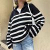 Stripe knitted Casual Women Sweater Long Sleeve Women's Jumper 2021 Autumn Winter Patchwork Knitted Sweaters Zip V-Neck Pullover