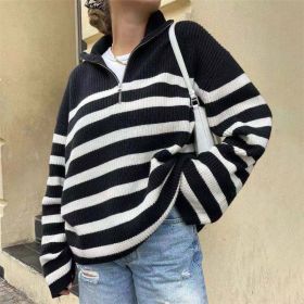 Stripe knitted Casual Women Sweater Long Sleeve Women's Jumper 2021 Autumn Winter Patchwork Knitted Sweaters Zip V-Neck Pullover (Color: HFA9481-BW, size: XXL)